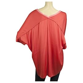 Elie Tahari-Elie Tahari Silk Coral Color & Pink Trim Dolma Short Sleeves Blouse Top Size L-Coral
