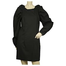 Vicolo-Vicolo preto algodão manga longa bufante mini vestido curto tamanho S-Preto