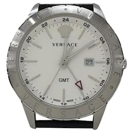 Versace-VERSACE / Quartz watch / Analog / Leather / SLV / BLK / GMT-Black