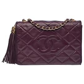 Chanel-Esplêndida bolsa Chanel Full Flap Tassel vintage em pele de cordeiro acolchoada ameixa, garniture en métal doré-Roxo