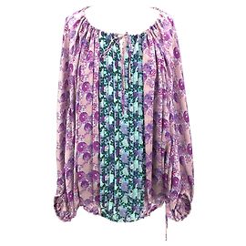 Top Roberto Cavalli in stampa floreale viola e blu su seta con manica raglan e coulisse Porpora