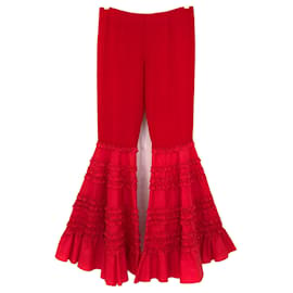Valentino-Calça Valentino em seda crepe vermelha com babado evasê-Vermelho