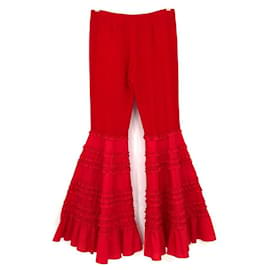 Valentino-Pantaloni Valentino in crepe di seta rossa con balza svasata-Rosso
