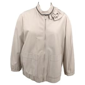Brunello Cucinelli-Brunello Cucinelli leather jacket in stone with shoulder ruffle and Monili collar-White,Cream