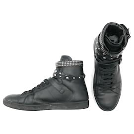 Saint Laurent-Saint Laurent Paris high top sneakers in black leather with spikes-Black