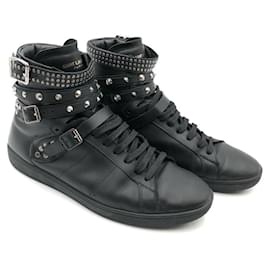 Saint Laurent-Saint Laurent Paris high top sneakers in black leather with spikes-Black