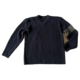 Autre Marque-suéter negro con cuello en V Banda caqui en una manga en T. L - XL-Negro,Caqui