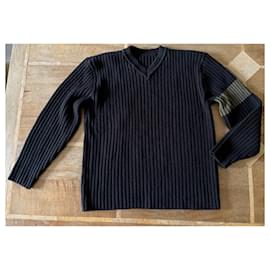 Autre Marque-schwarzer Pullover mit V-Ausschnitt Khakifarbenes Band an einem T-Ärmel. L - XL-Schwarz,Khaki