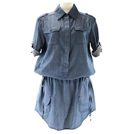 Christian Dior-*[Used] Christian Dior Denim Shirt Dress Women's Indigo 36 Cotton Drawcord Button-Blue