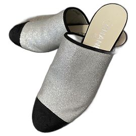 Chanel Mules Cloth Silver Hardware 37 Silver hardware