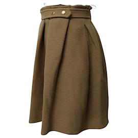 Kenzo-Kenzo Belted Pleated Knee-Length Skirt in Beige Wool-Beige