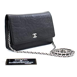 Chanel-CHANEL Black Camellia Embossed Wallet On Chain WOC Shoulder Bag SV-Black