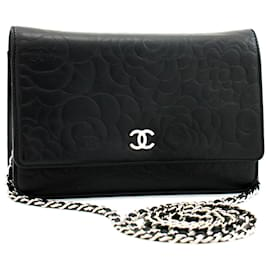 Chanel-CHANEL Cartera en relieve de camelia negra con cadena Bolso de hombro WOC SV-Negro