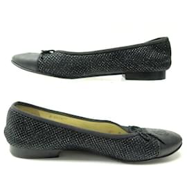 Chanel-CHANEL LOGO CC G BALLERINAS SHOES02819 37 IN TWEED & BLACK LEATHER SHOES-Black