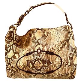 Prada Borsa tote in pitone con logo Hobo Marrone Beige