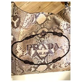 Prada-Borsa tote in pitone con logo Hobo-Marrone,Beige