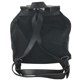 PRADA Flap leather switching / logo engraving / drawstring / backpack / nylon / BLK Black