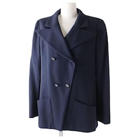 Chanel-*[Used] Chanel Vintage  Ladies Coco Mark Button 100% Wool jacket 100% Silk Back Navy Blue 44-Navy blue