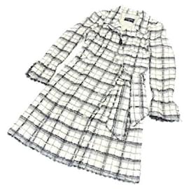 Chanel-*[Used] CHANEL Tweed Long Coat Check Pattern Side Ribbon Black x White-White