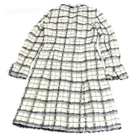 Chanel-*[Used] CHANEL Tweed Long Coat Check Pattern Side Ribbon Black x White-White