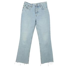 Re/Done-Re/Done Distressed Cropped Boyfriend Jeans in Blue Cotton Denim-Blue
