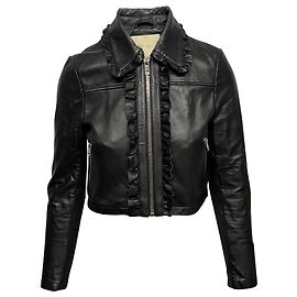 Maje Frilled Cropped Jacket in Black Leather Black