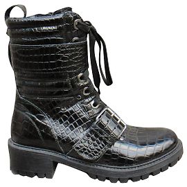 Twin Set Black Croc-Embossed Leather Ankle Boots Black