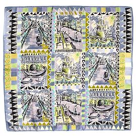 Prada 90 lenço em sarja de seda azul multicolor com estampa Venice Multicor