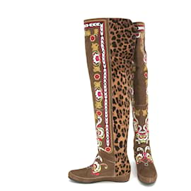 Etro-Stivali sopra il ginocchio mocassino Etro in suede cammello con cavallino leopardato e ricami-Marrone