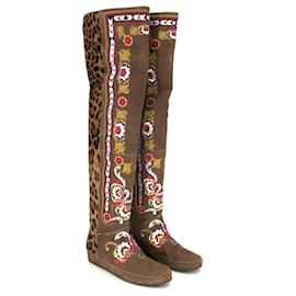 Etro-Etro mocassin over-knee boots in camel suede with leopard calf-hair and embroidery-Brown