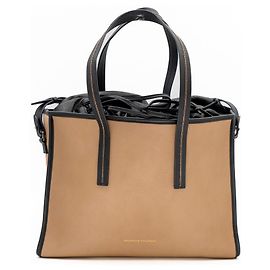 Bolsa de compras Brunello Cucinelli em couro bege com couro preto e acabamento Monili Marrom