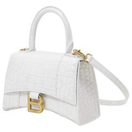 Balenciaga-Hourglass XS Bag in White Shiny Crocodile Embossed Leather-White