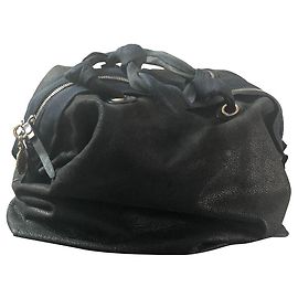 Lanvin Black Leather Handbag with Blue Silk Handles Black
