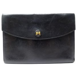 Hermès VINTAGE HERMES RIO HANDLE POUCH IN BLACK BOX LEATHER BLACK CLUTCH BAG Black