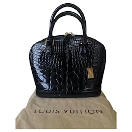 Louis Vuitton-Louis Vuitton Alma bolso de hombro negro piel de cocodrilo brillante-Negro