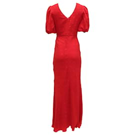 Autre Marque-Saloni Annie Gathered Jacquard Maxi Dress in Red Silk-Red