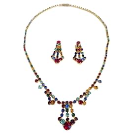 Vintage-Art déco jewelry set - necklace and clip-on earrings. Multicolour rhinestones are set in golden tone frame.-Multiple colors,Golden