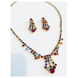 Vintage-Art déco jewelry set - necklace and clip-on earrings. Multicolour rhinestones are set in golden tone frame.-Multiple colors,Golden