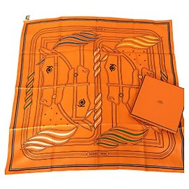 Lenço de seda Hermès Quadrige au Fil Laranja