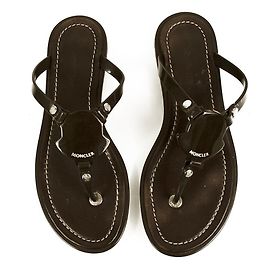 Moncler Marrone Pelle Logo Flip Flop Thong Flats Sandali taglia 37 Marrone
