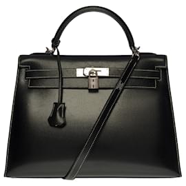 Hermès-Borsa Hermes Kelly estremamente rara 32 tracolla da sellaio in pelle Epsom nera con cuciture bianche, finiture in metallo argento palladio-Nero