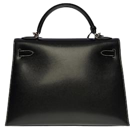 Hermès-Extrem seltene Hermes Kelly Handtasche 32 Sattler-Schulterriemen aus schwarzem Epsom-Leder mit weißen Nähten, Palladium Silber Metallverkleidung-Schwarz