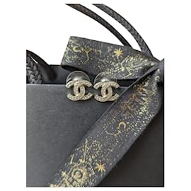 Chanel-CC F19V Timeless Crystal Golden Hardware Logo Earrings box-Golden