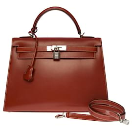 Hermès-Exceptional & Rare Hermes Kelly bag 32cm saddle strap in brick red box leather , palladium silver metal trim-Red