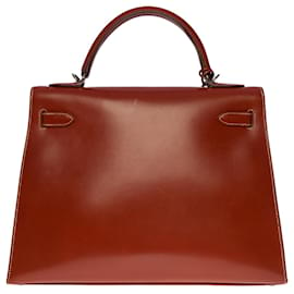 Hermès-Exceptional & Rare Hermes Kelly bag 32cm saddle strap in brick red box leather , palladium silver metal trim-Red