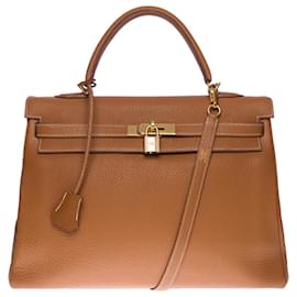 Hermès-Stunning Hermes Kelly handbag 35 turned over shoulder strap in Camel leather (Gold) , gold plated metal trim-Golden