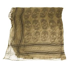 Philipp Plein-Pañuelo cuadrado grande de seda con estampado de calaveras y logotipos en beige de Philipp Plein-Beige