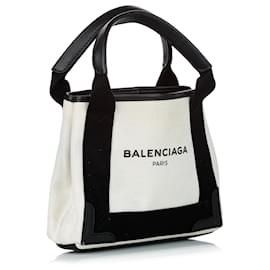 Balenciaga-Balenciaga White XS Navy Cabas Canvas Satchel-Black,White