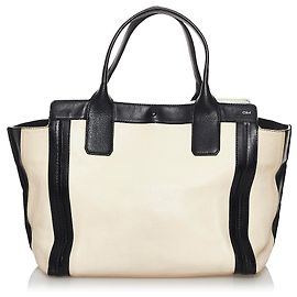 Chloé Chloe White Alison Leather Tote Bag Black White