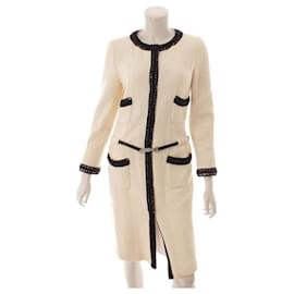 Chanel-*[Used] Chanel Tweed with waist belt Long coat White x Black 36-White